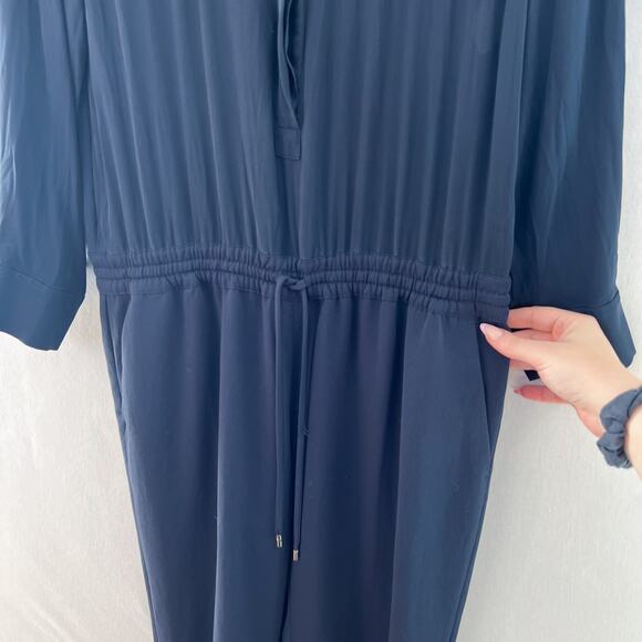 Vince Mixed Media Jumpsuit 8 Silk Long Sleeve Tapered Leg Drawstring Navy Blue - Picture 4 of 10